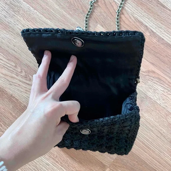 Handmade Black Crochet Shoulder chain bag Greek designer for vacations European - Picture 3 of 3